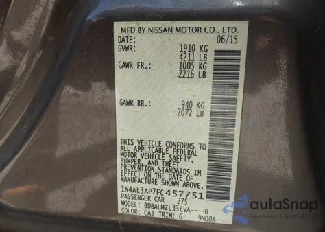 2015 Nissan Altima 2.5 Sv из США, поврежденный, VIN 1N4AL3AP7FC457751